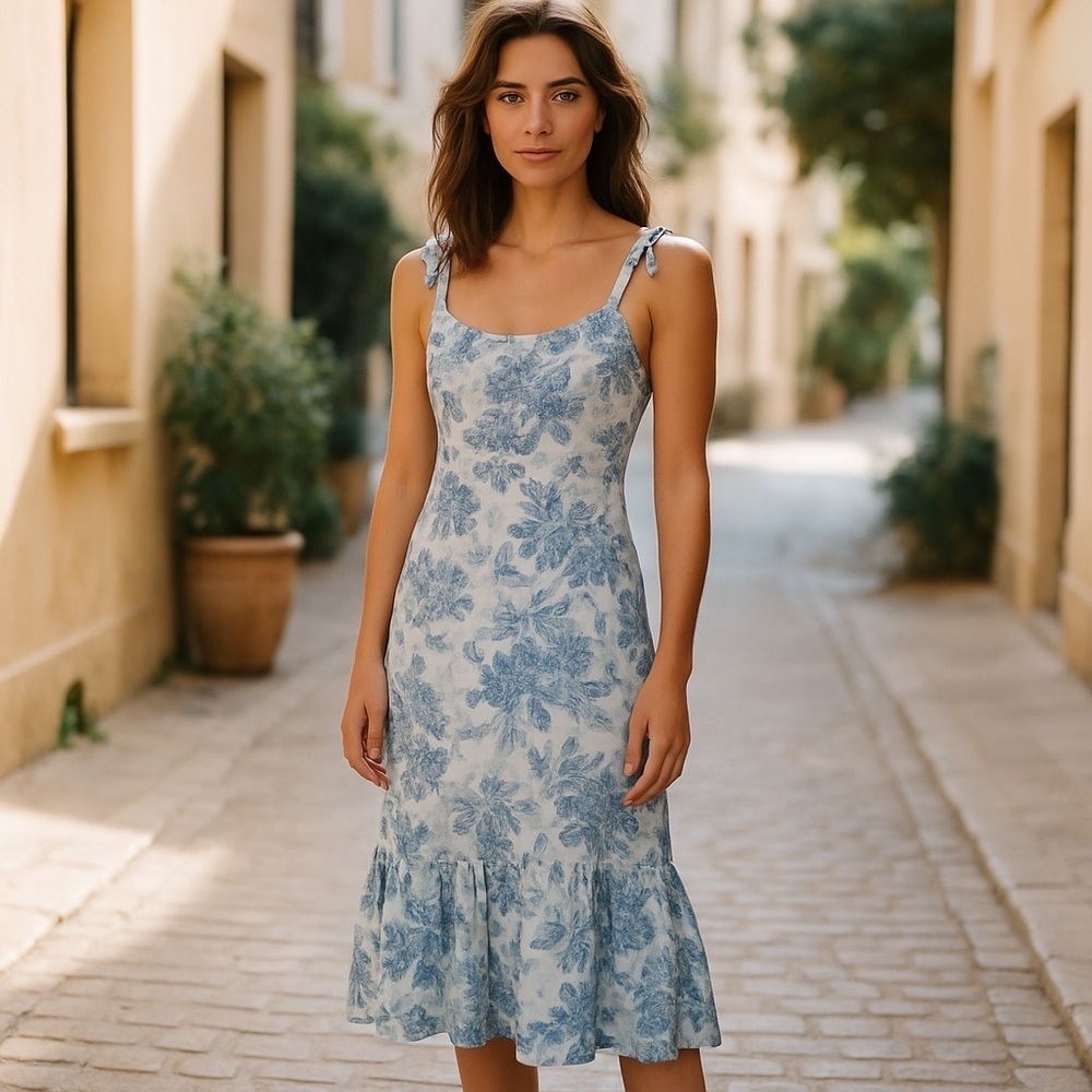 Strangers & Lovers Blue Floral Midi Dress Ruffle Hem Size S